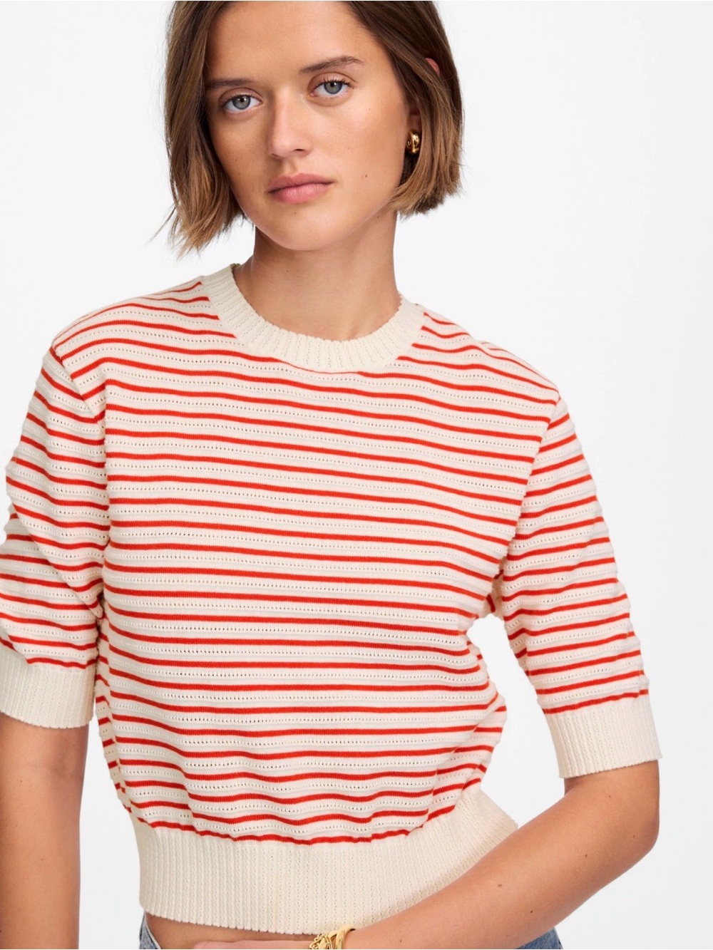 Madewell Textural-Stitch Cotton Stripe Short Sleeve Sweater red cream medium